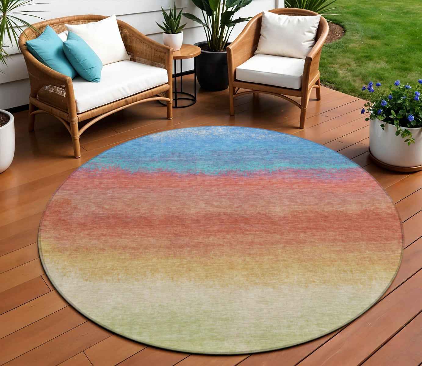 8' Coral And Blue Round Ombre Washable Indoor Outdoor Area Rug