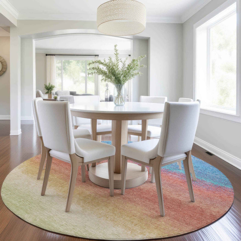 8' Coral And Blue Round Ombre Washable Indoor Outdoor Area Rug
