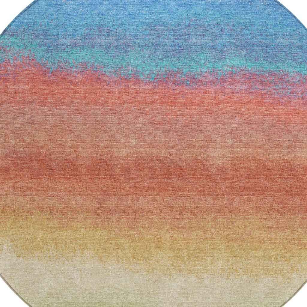 8' Coral And Blue Round Ombre Washable Indoor Outdoor Area Rug