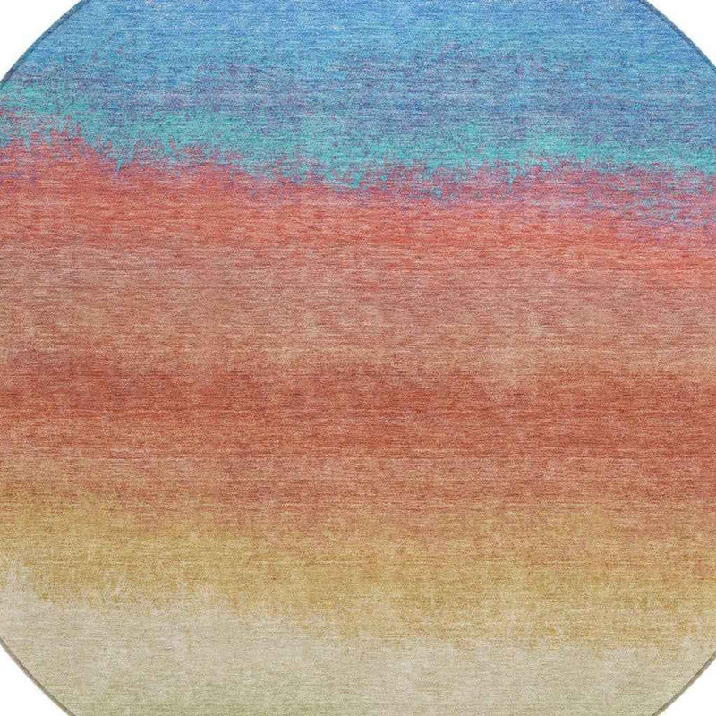 8' Coral And Blue Round Ombre Washable Indoor Outdoor Area Rug
