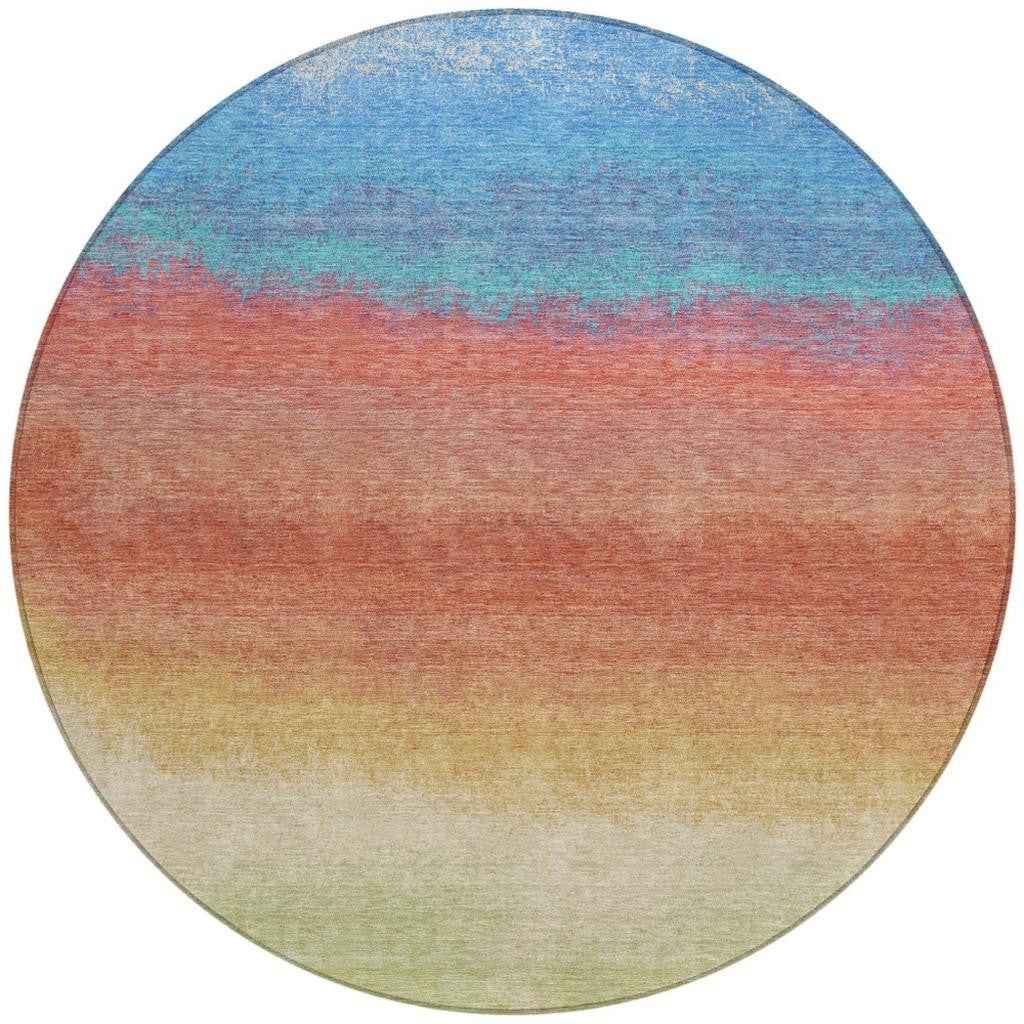 8' Coral And Blue Round Ombre Washable Indoor Outdoor Area Rug