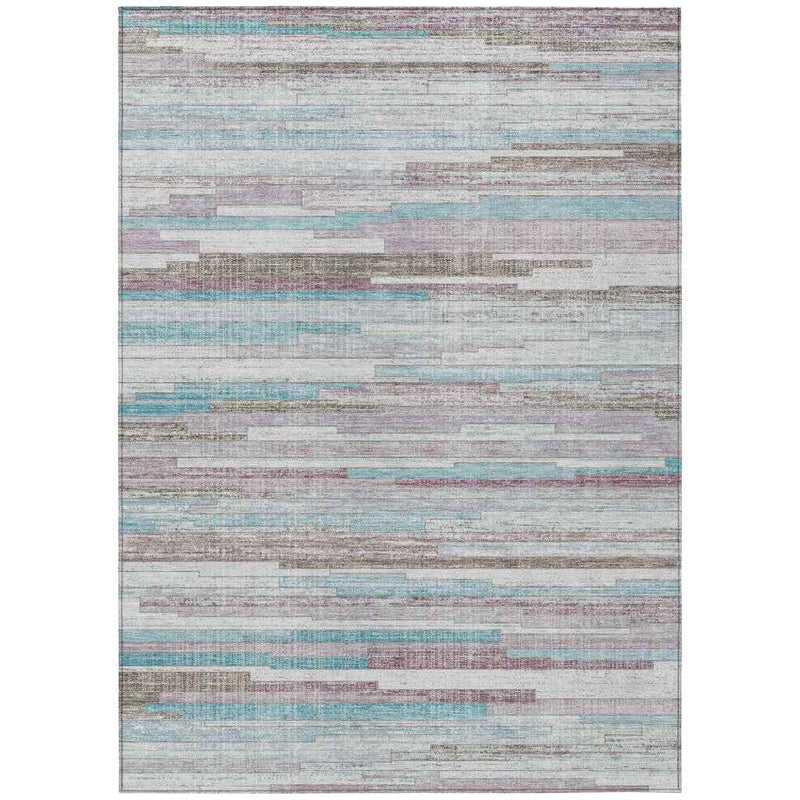8' X 10' Teal Blue And Beige Striped Washable Indoor Outdoor Area Rug