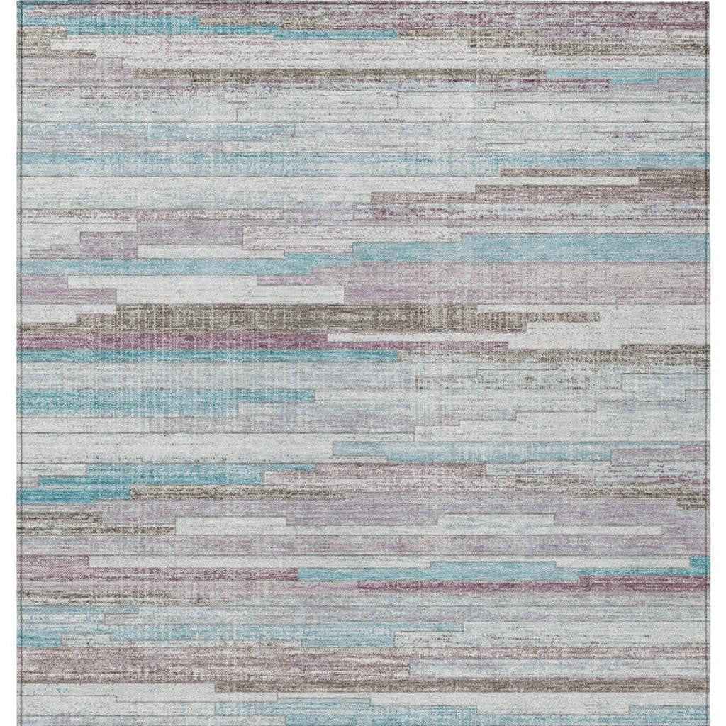 8' X 10' Teal Blue And Beige Striped Washable Indoor Outdoor Area Rug