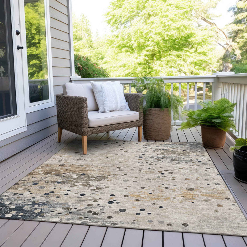 3' X 5' Ivory And Taupe Abstract Washable Indoor Outdoor Area Rug