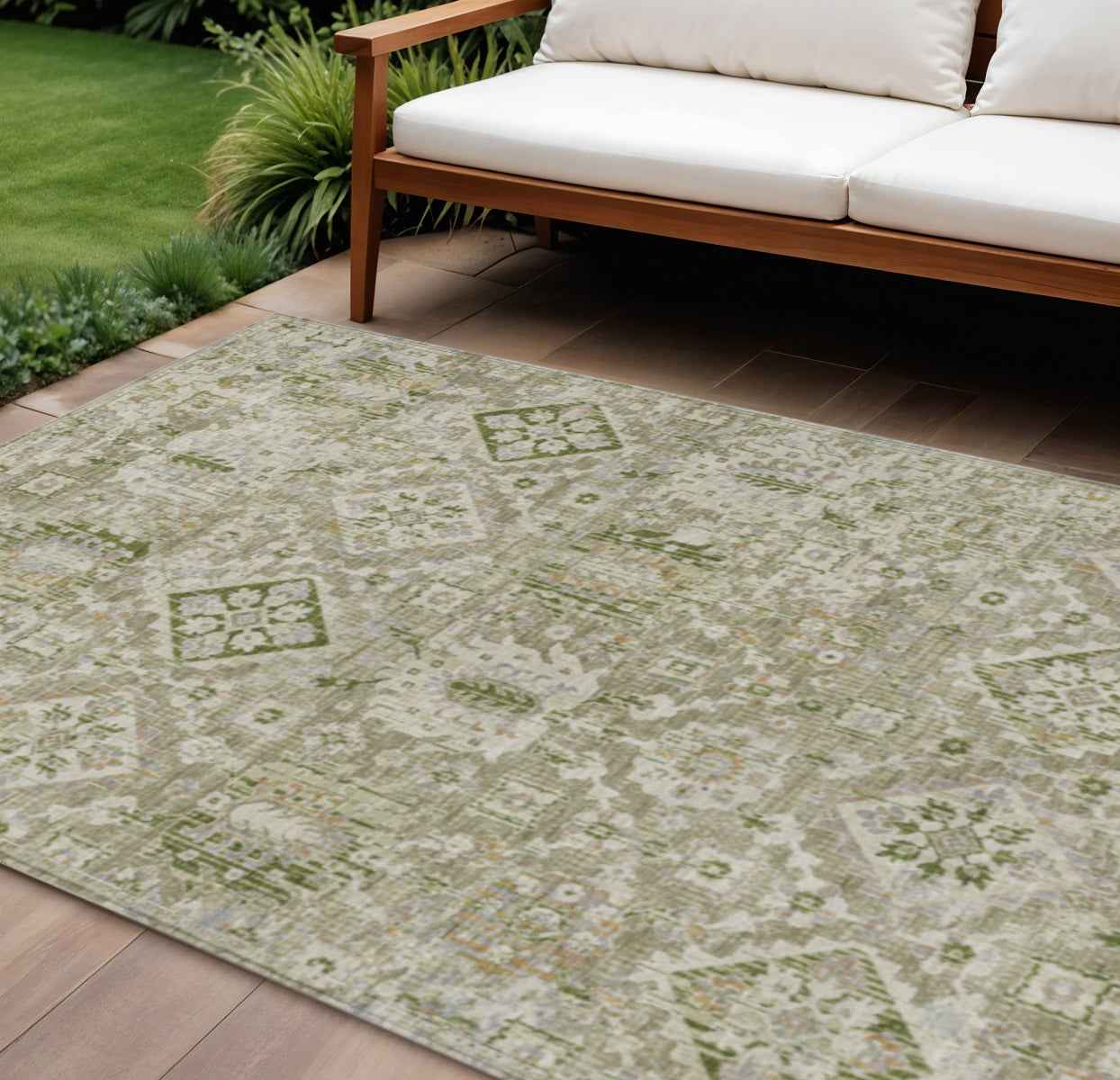 8' X 10' Fern Green And Beige Floral Medallion Washable Indoor Outdoor Area Rug