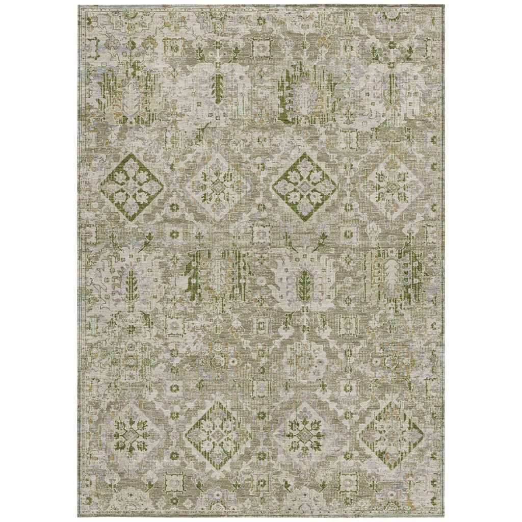 8' X 10' Fern Green And Beige Floral Medallion Washable Indoor Outdoor Area Rug