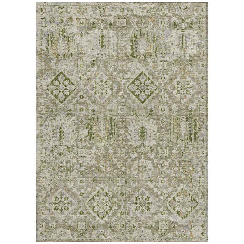 8' X 10' Fern Green And Beige Floral Medallion Washable Indoor Outdoor Area Rug