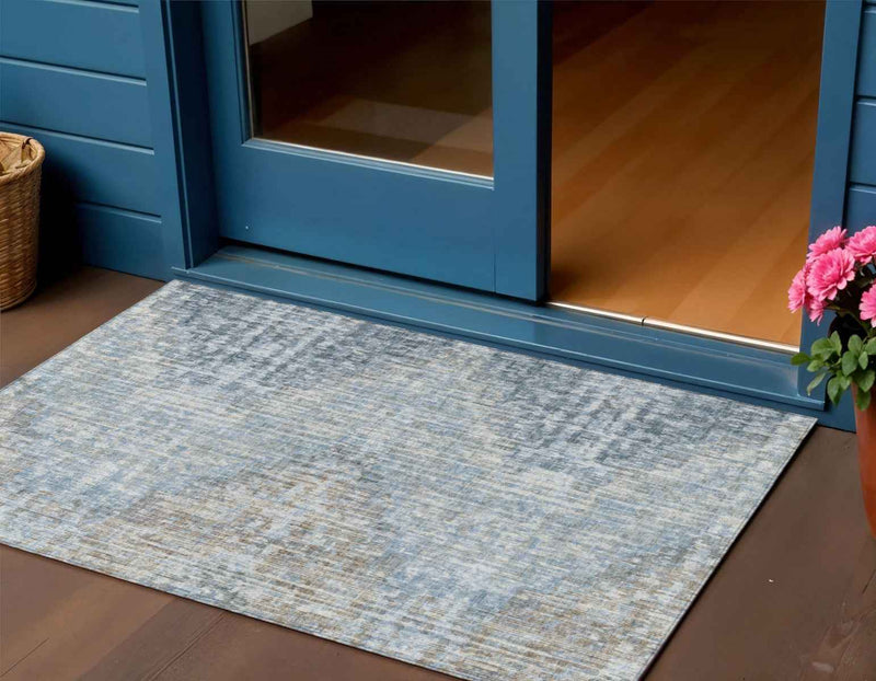 3' X 5' Denim Blue And Beige Geometric Washable Indoor Outdoor Area Rug