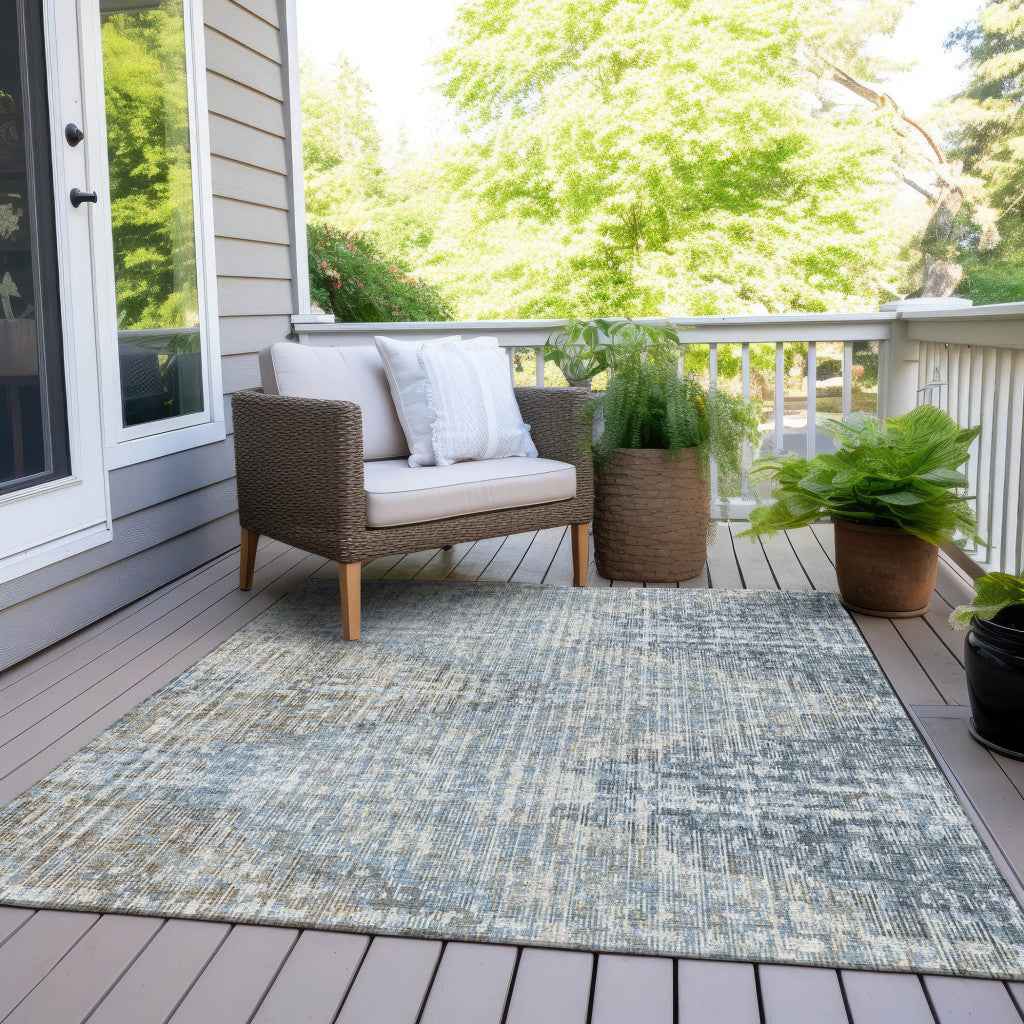 3' X 5' Denim Blue And Beige Geometric Washable Indoor Outdoor Area Rug