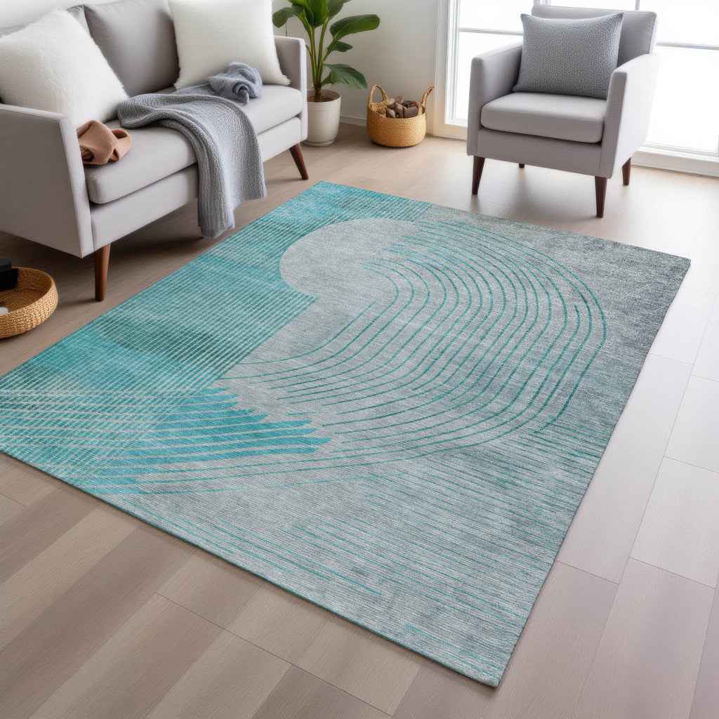 9' X 12' Teal Blue And Beige Geometric Washable Indoor Outdoor Area Rug