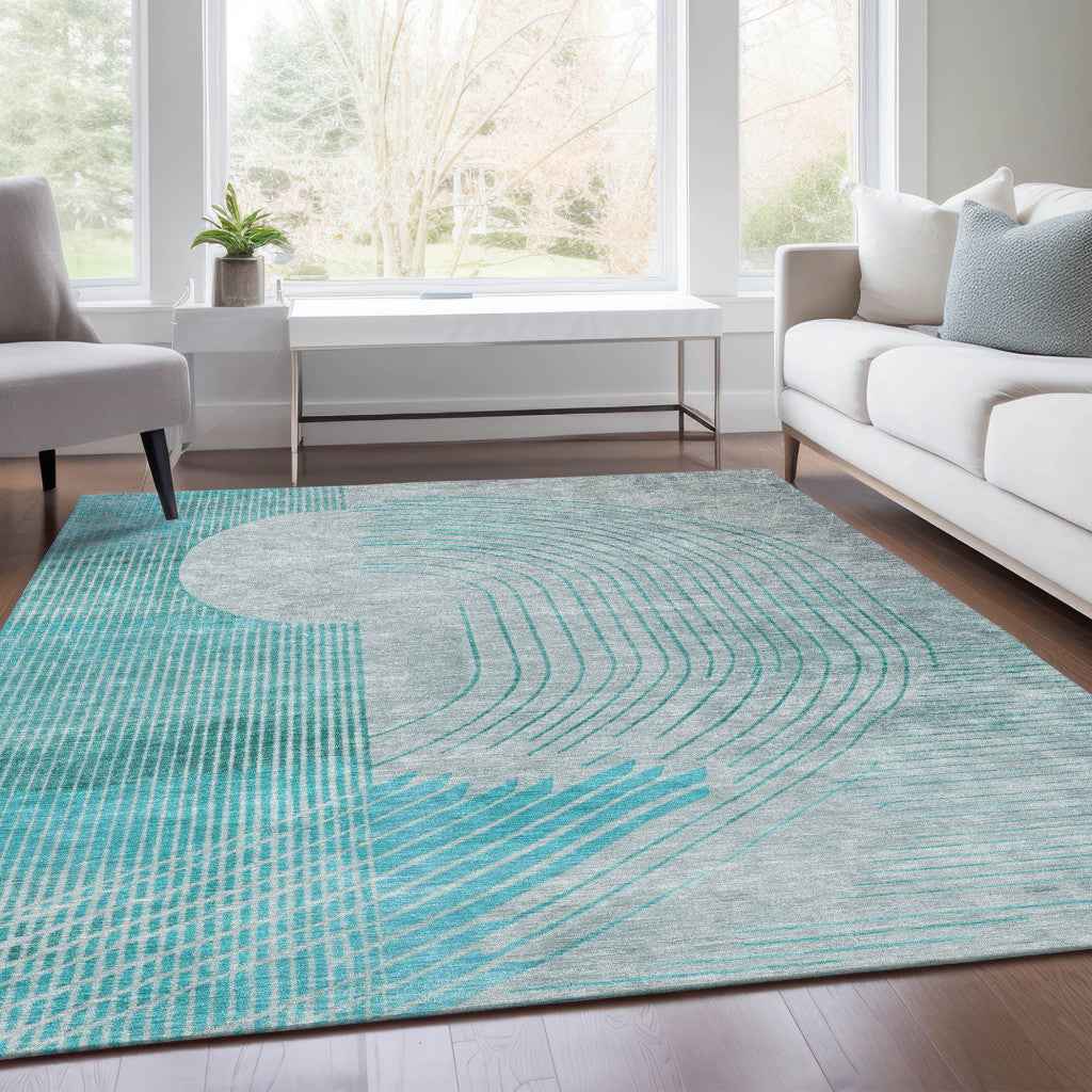 9' X 12' Teal Blue And Beige Geometric Washable Indoor Outdoor Area Rug