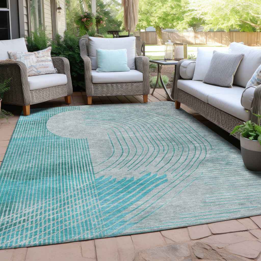 9' X 12' Teal Blue And Beige Geometric Washable Indoor Outdoor Area Rug