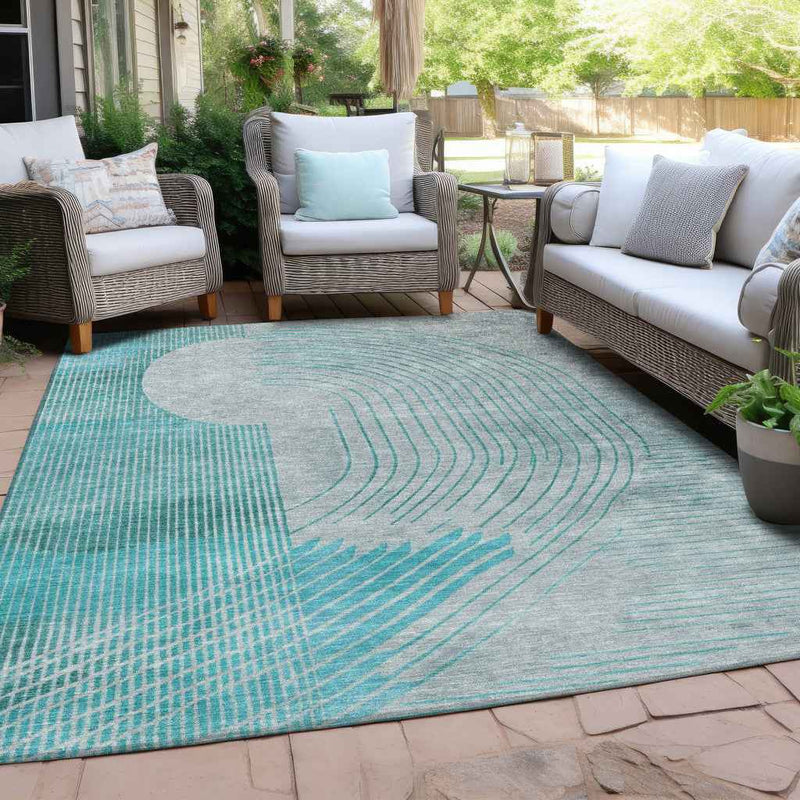 9' X 12' Teal Blue And Beige Geometric Washable Indoor Outdoor Area Rug