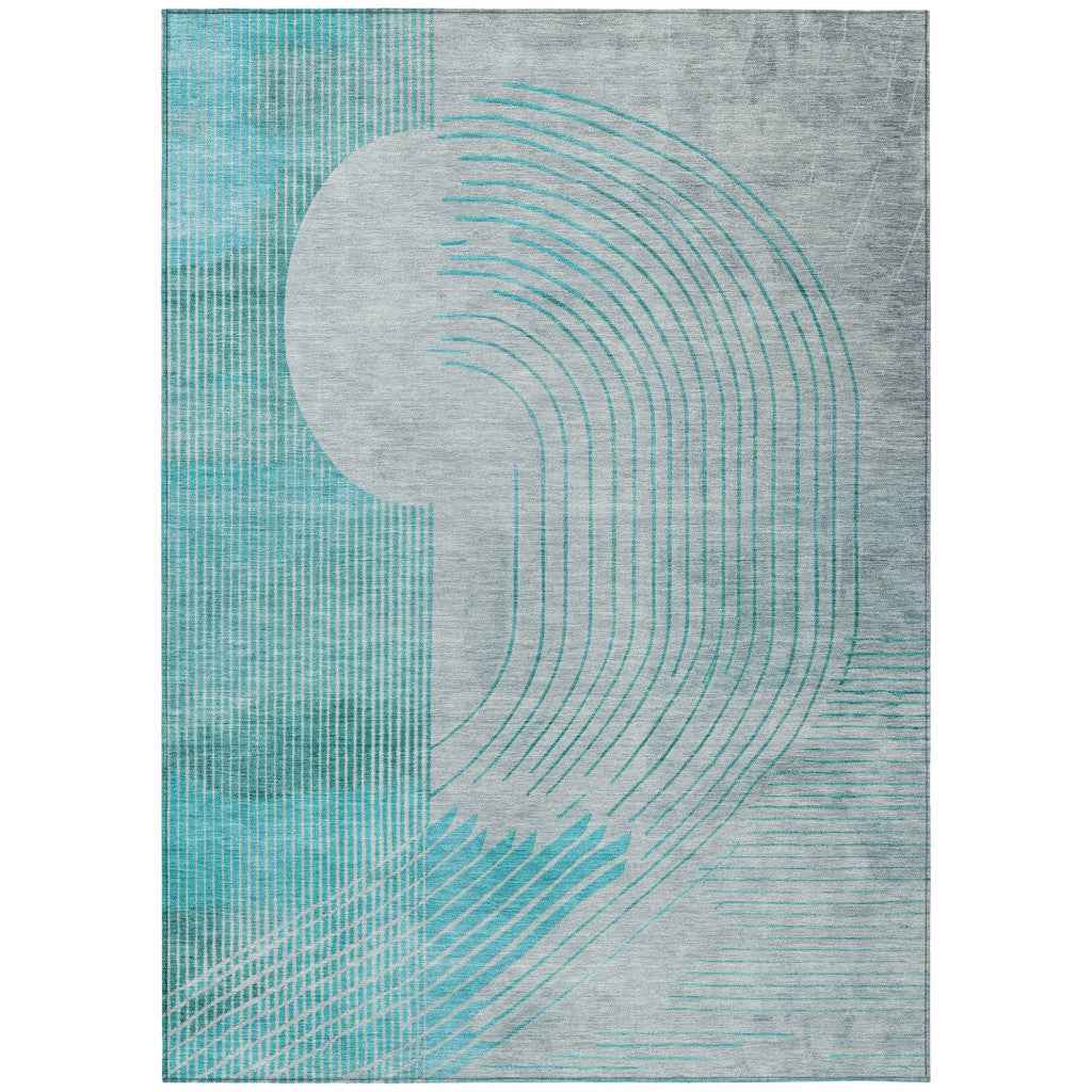9' X 12' Teal Blue And Beige Geometric Washable Indoor Outdoor Area Rug