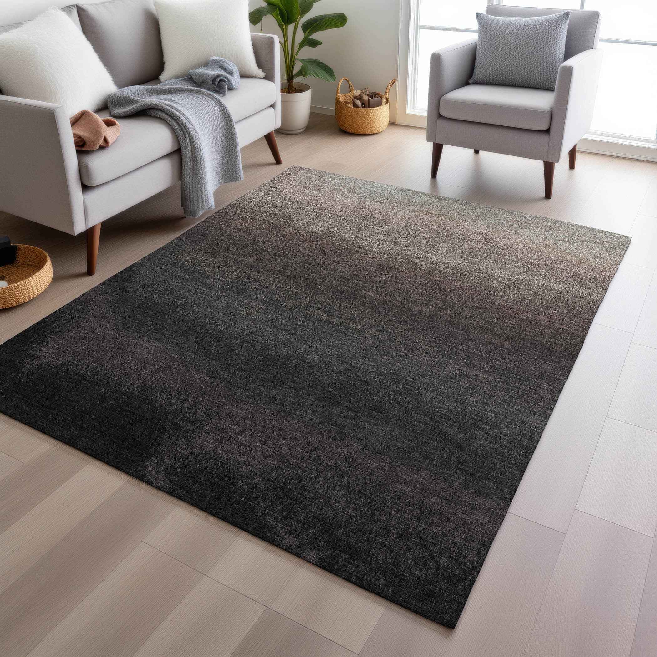 9' X 12' Black And Silver Ombre Washable Indoor Outdoor Area Rug