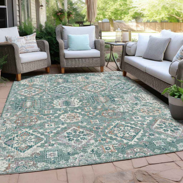 5' X 8' Pale Aqua And Copper Floral Medallion Washable Indoor Outdoor Area Rug