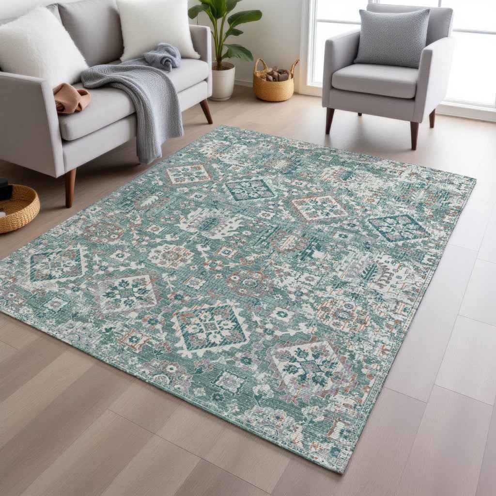 5' X 8' Pale Aqua And Copper Floral Medallion Washable Indoor Outdoor Area Rug