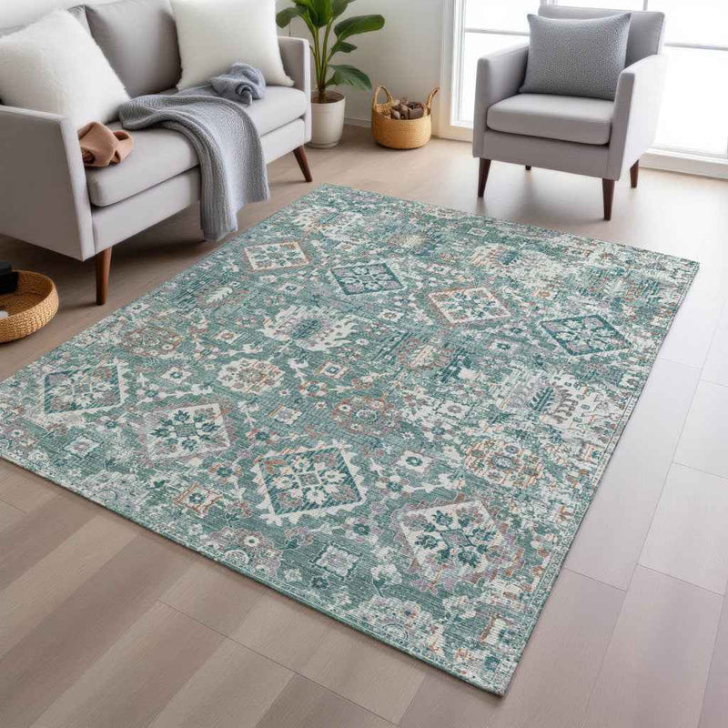 5' X 8' Pale Aqua And Copper Floral Medallion Washable Indoor Outdoor Area Rug