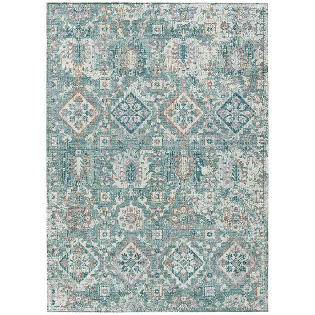5' X 8' Pale Aqua And Copper Floral Medallion Washable Indoor Outdoor Area Rug