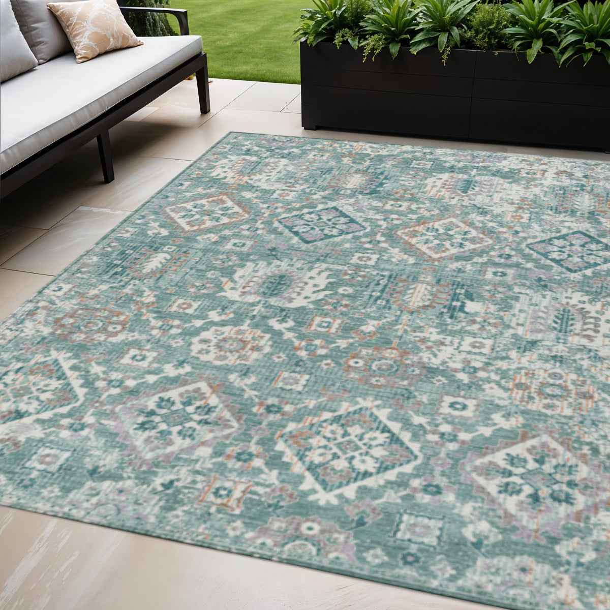 5' X 8' Pale Aqua And Copper Floral Medallion Washable Indoor Outdoor Area Rug