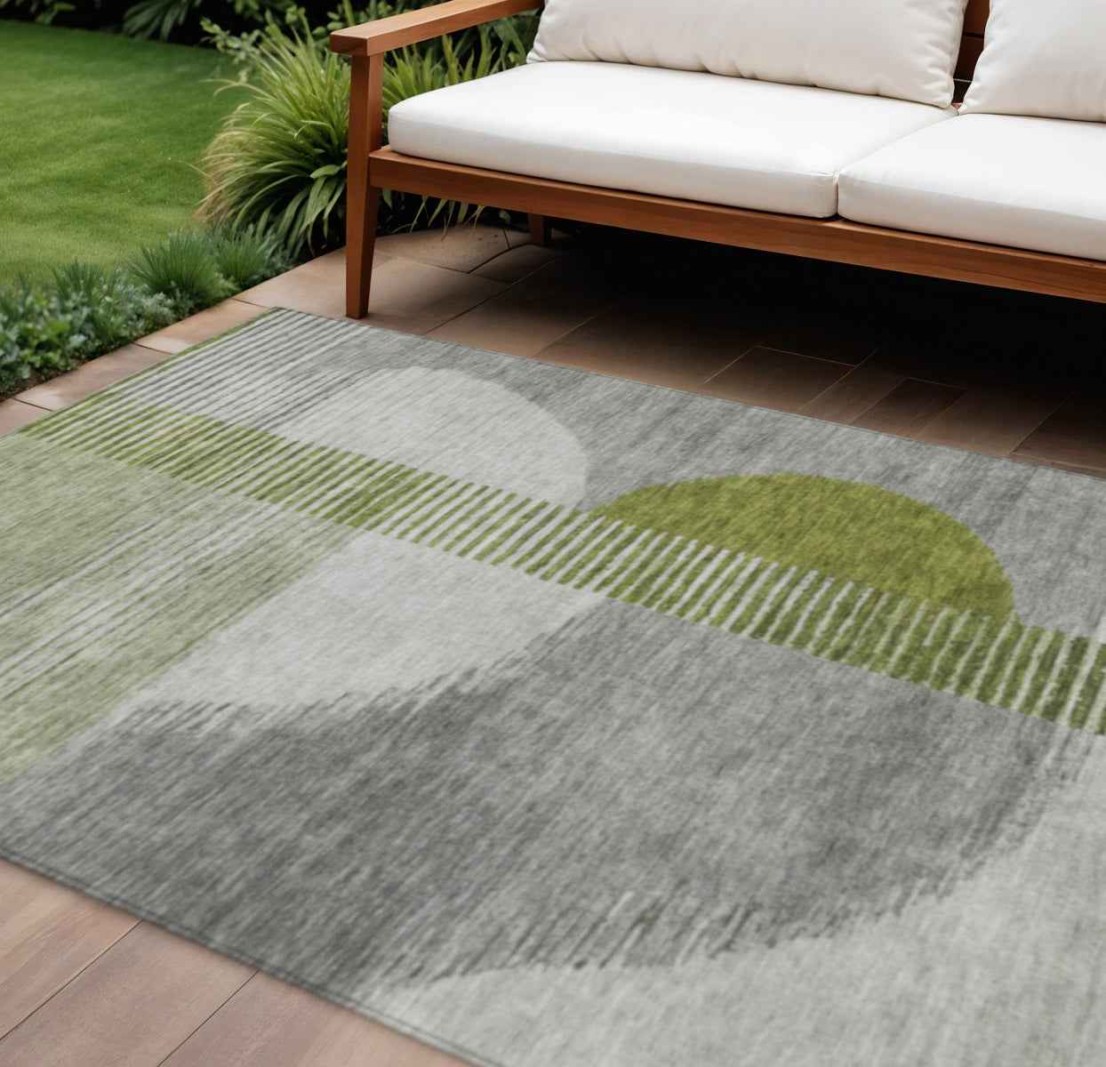 8' X 10' Olive Green And Gray Geometric Washable Indoor Outdoor Area Rug