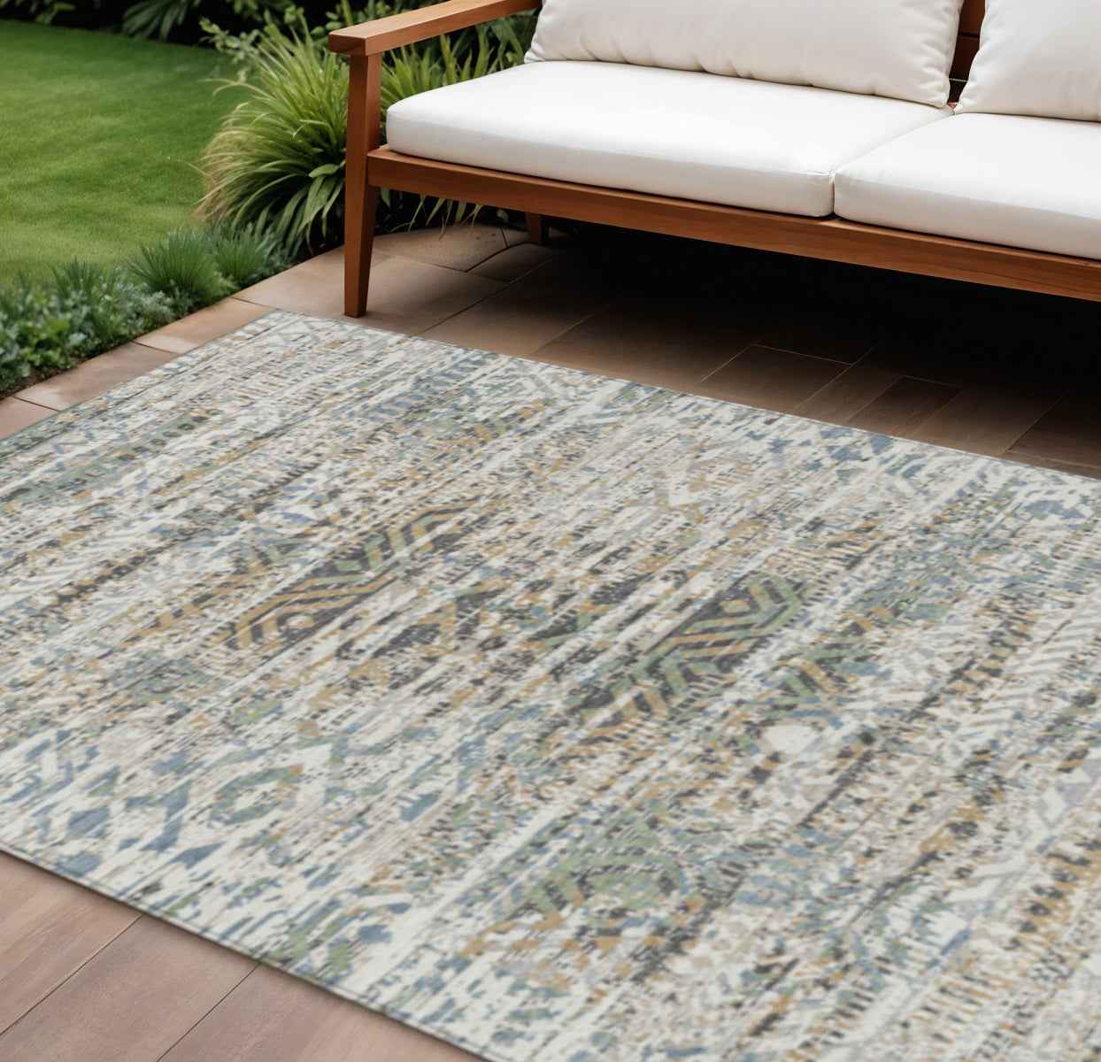 9' X 12' Ivory And Beige Moroccan Washable Indoor Outdoor Area Rug