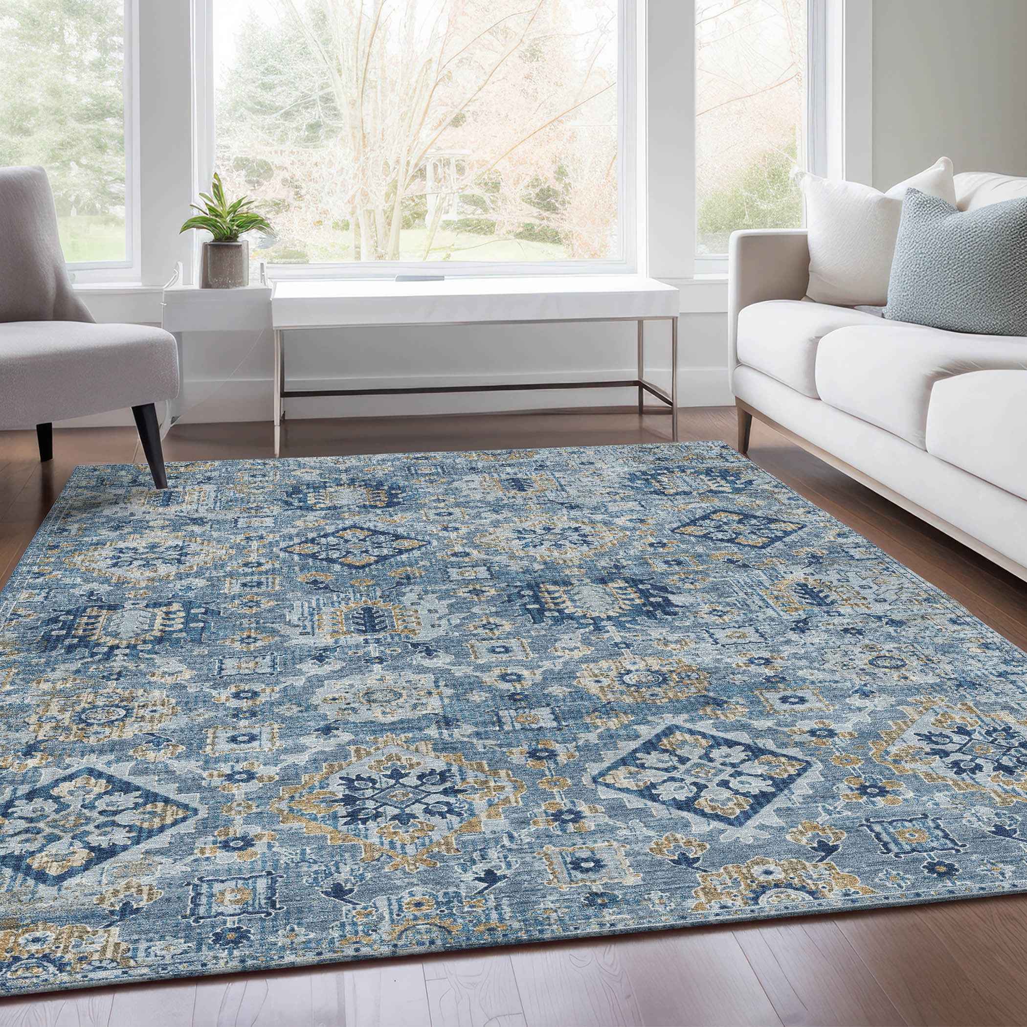 8' X 10' Denim Blue And Gold Floral Medallion Washable Indoor Outdoor Area Rug