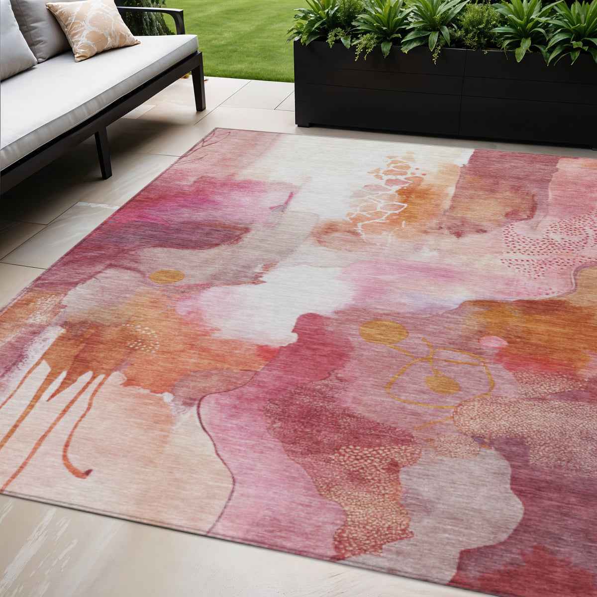 5' X 8' Pink Copper And Ivory Abstract Washable Indoor Outdoor Area Rug