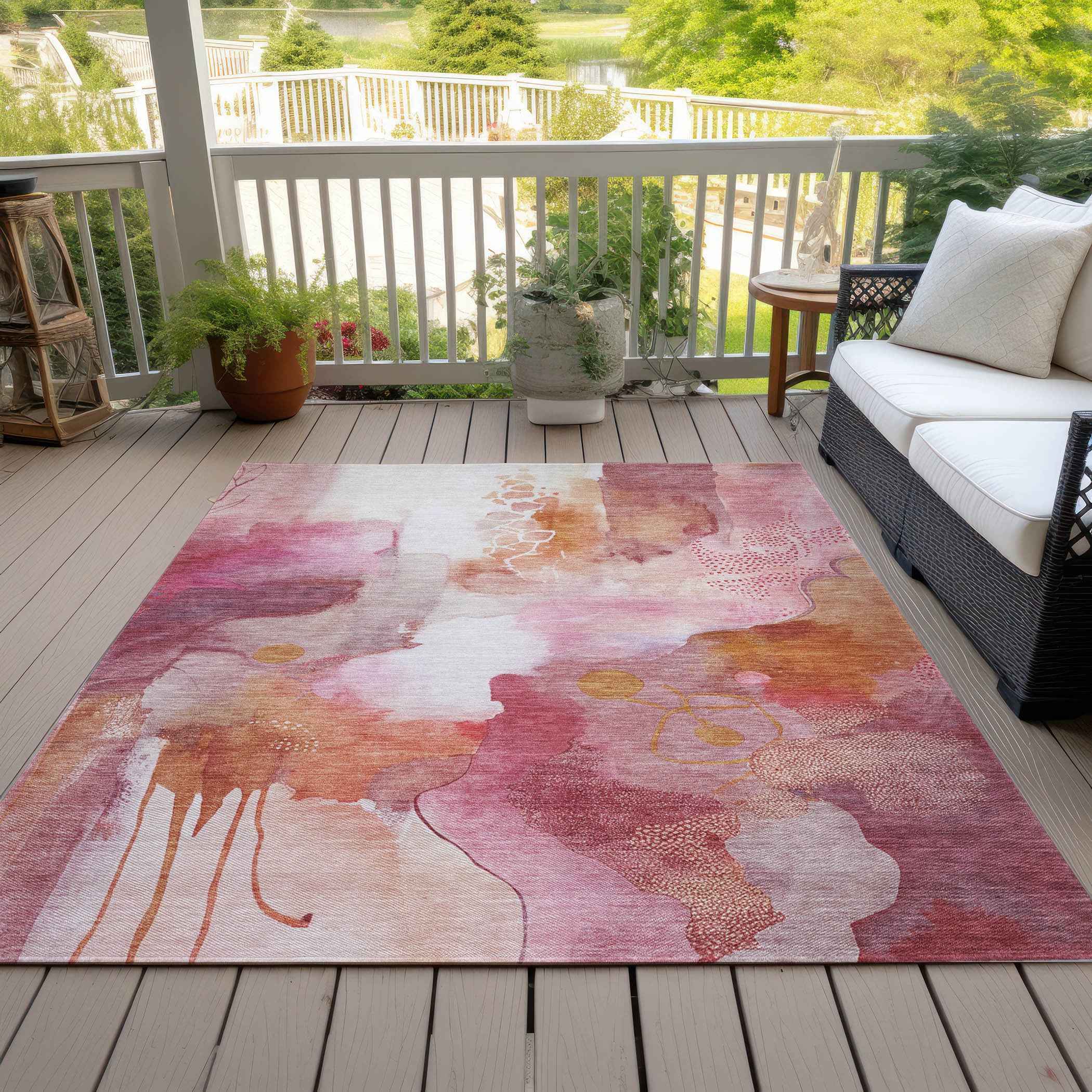 5' X 8' Pink Copper And Ivory Abstract Washable Indoor Outdoor Area Rug