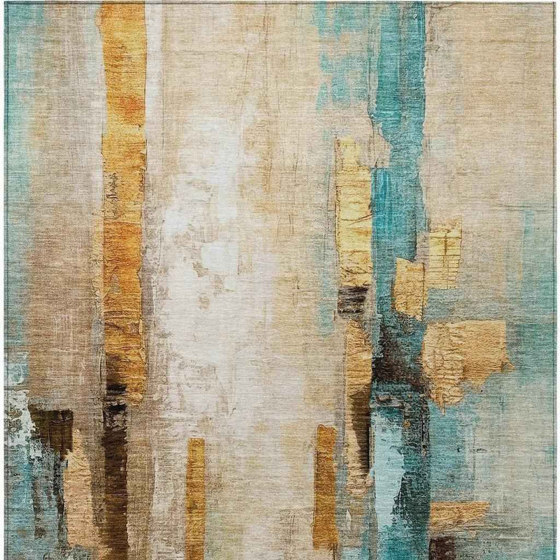 5' X 8' Beige And Teal Blue Abstract Washable Indoor Outdoor Area Rug
