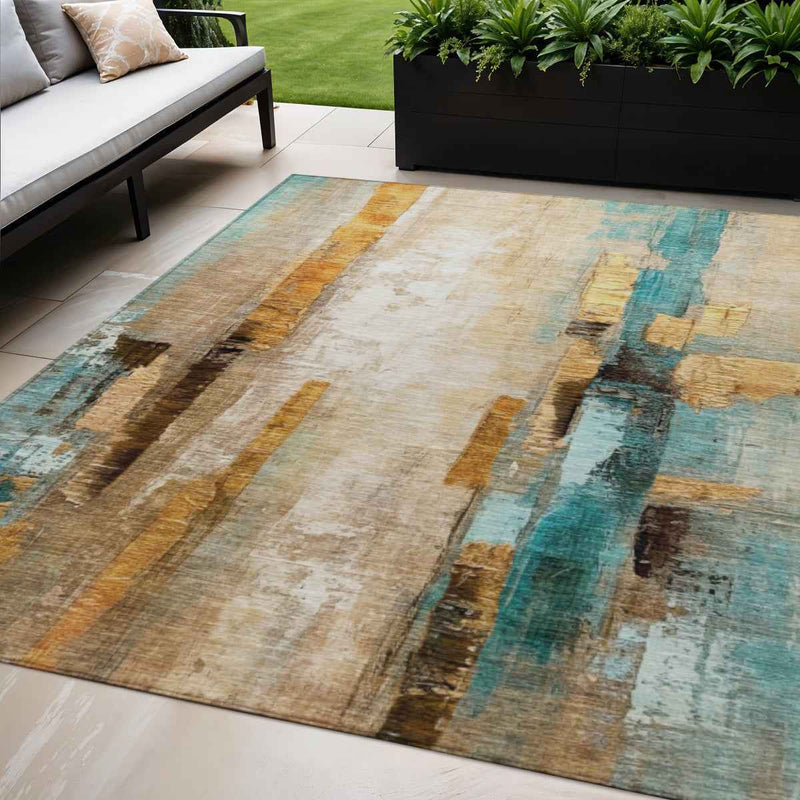 5' X 8' Beige And Teal Blue Abstract Washable Indoor Outdoor Area Rug