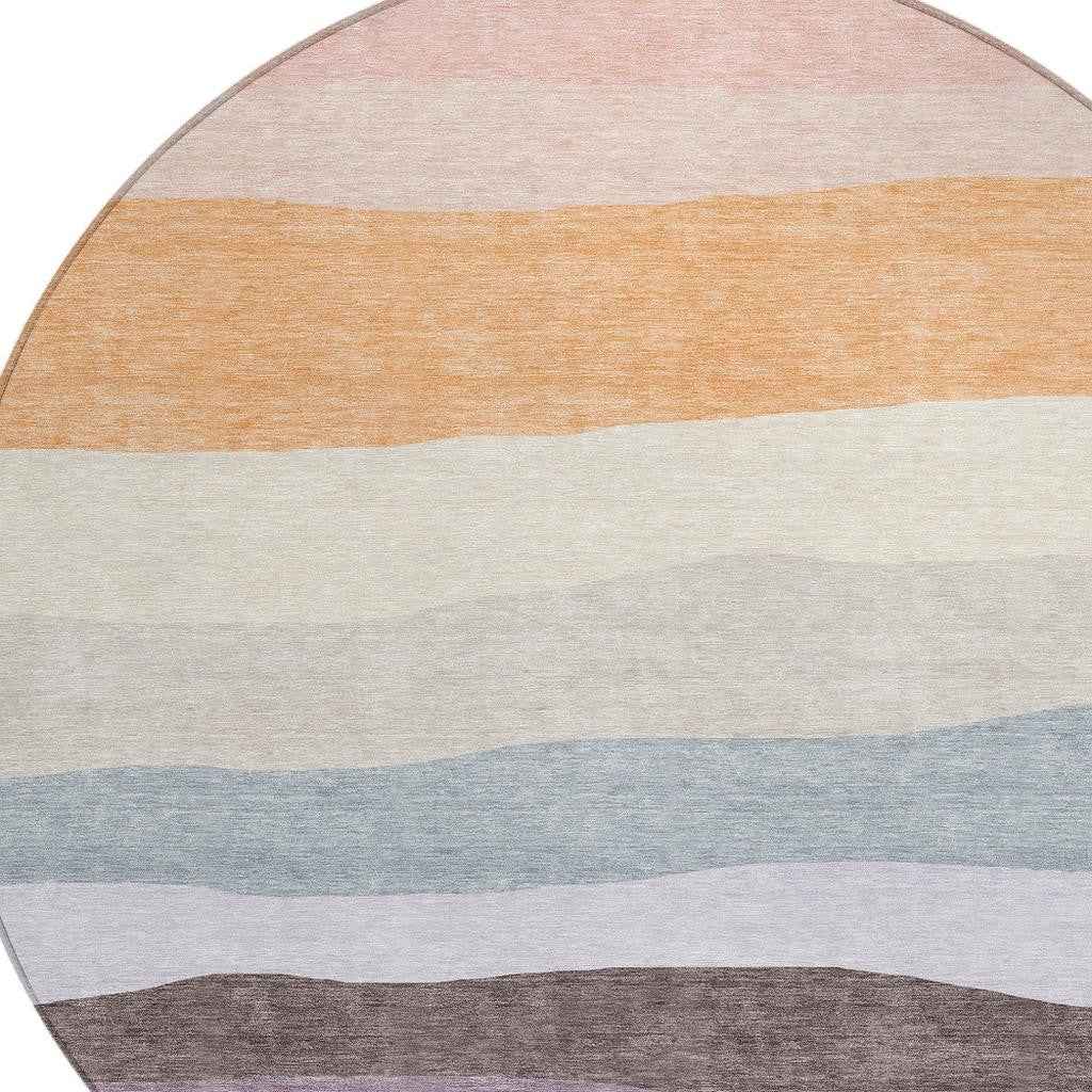 8' Orange Blush And Lavender Round Striped Washable Indoor Outdoor Area Rug