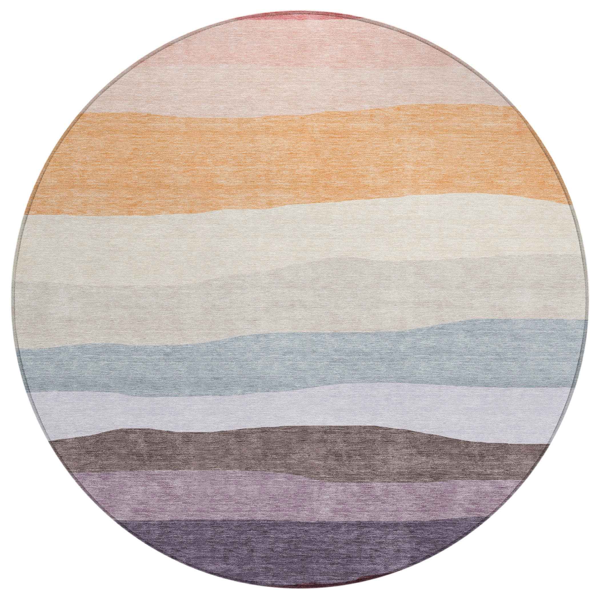 8' Orange Blush And Lavender Round Striped Washable Indoor Outdoor Area Rug