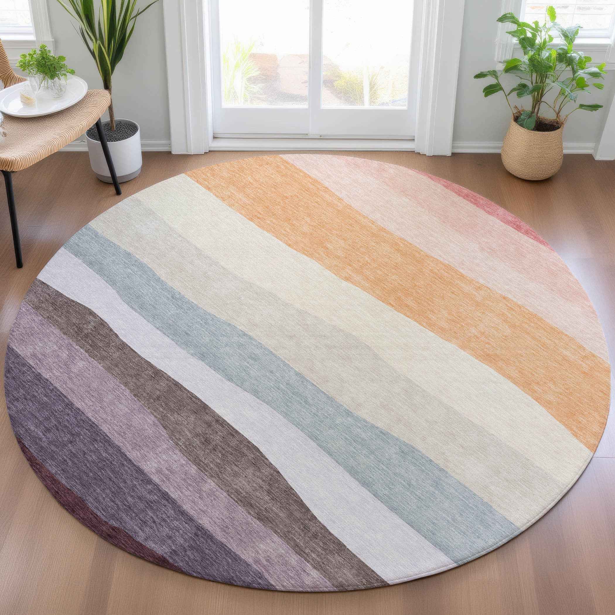 8' Orange Blush And Lavender Round Striped Washable Indoor Outdoor Area Rug