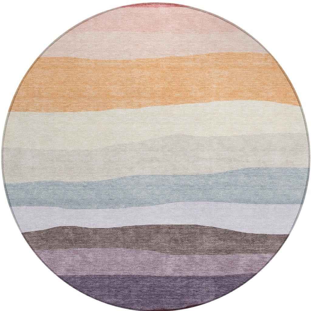 8' Orange Blush And Lavender Round Striped Washable Indoor Outdoor Area Rug