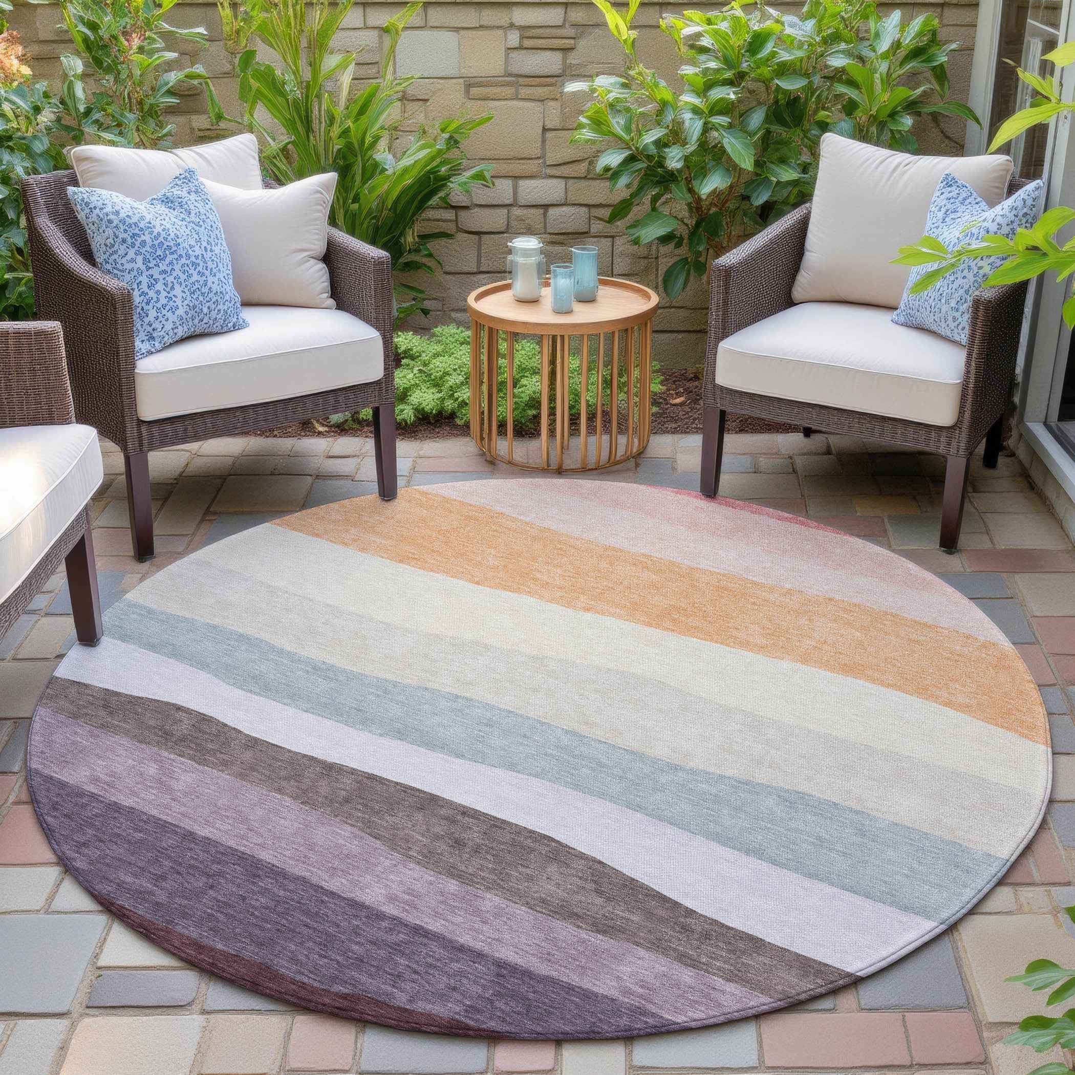 8' Orange Blush And Lavender Round Striped Washable Indoor Outdoor Area Rug