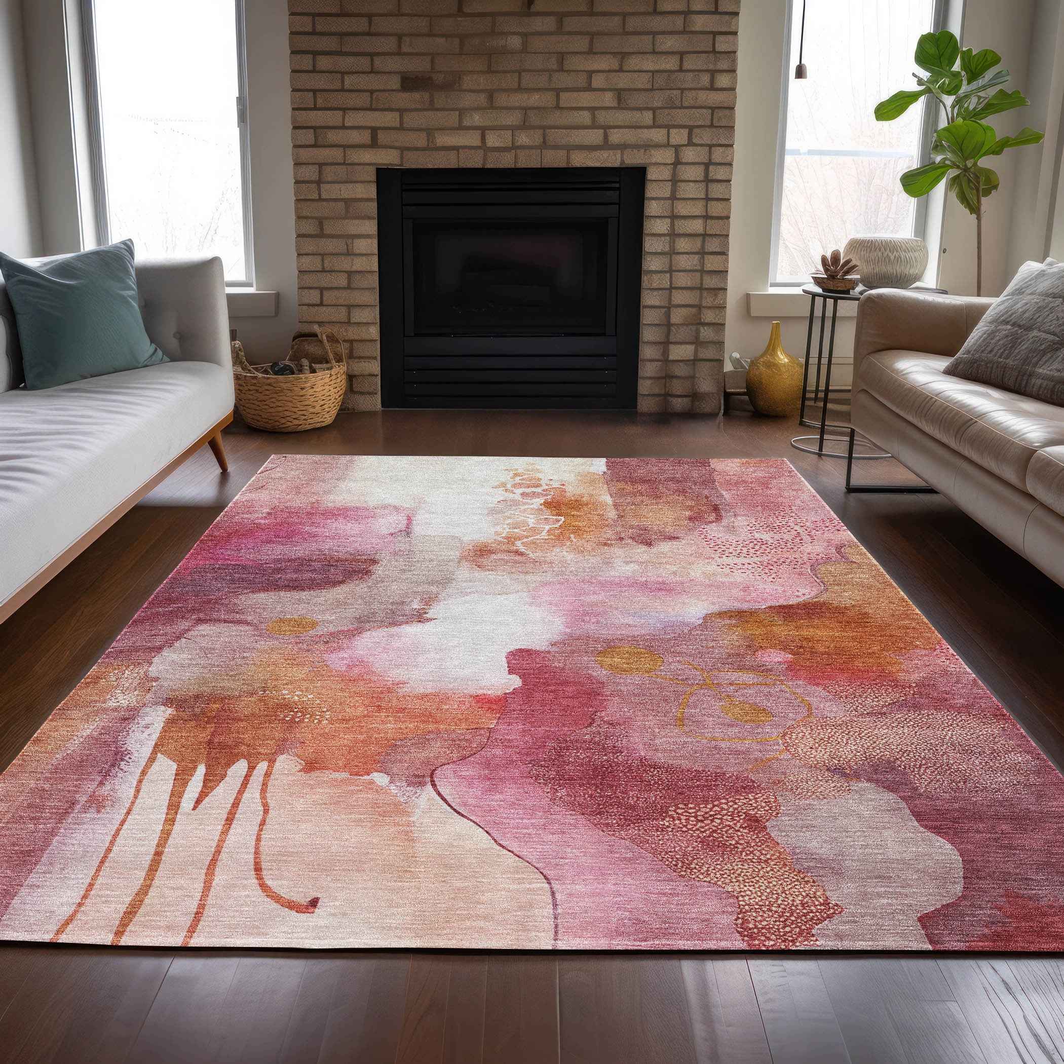 8' X 10' Pink Copper And Ivory Abstract Washable Indoor Outdoor Area Rug