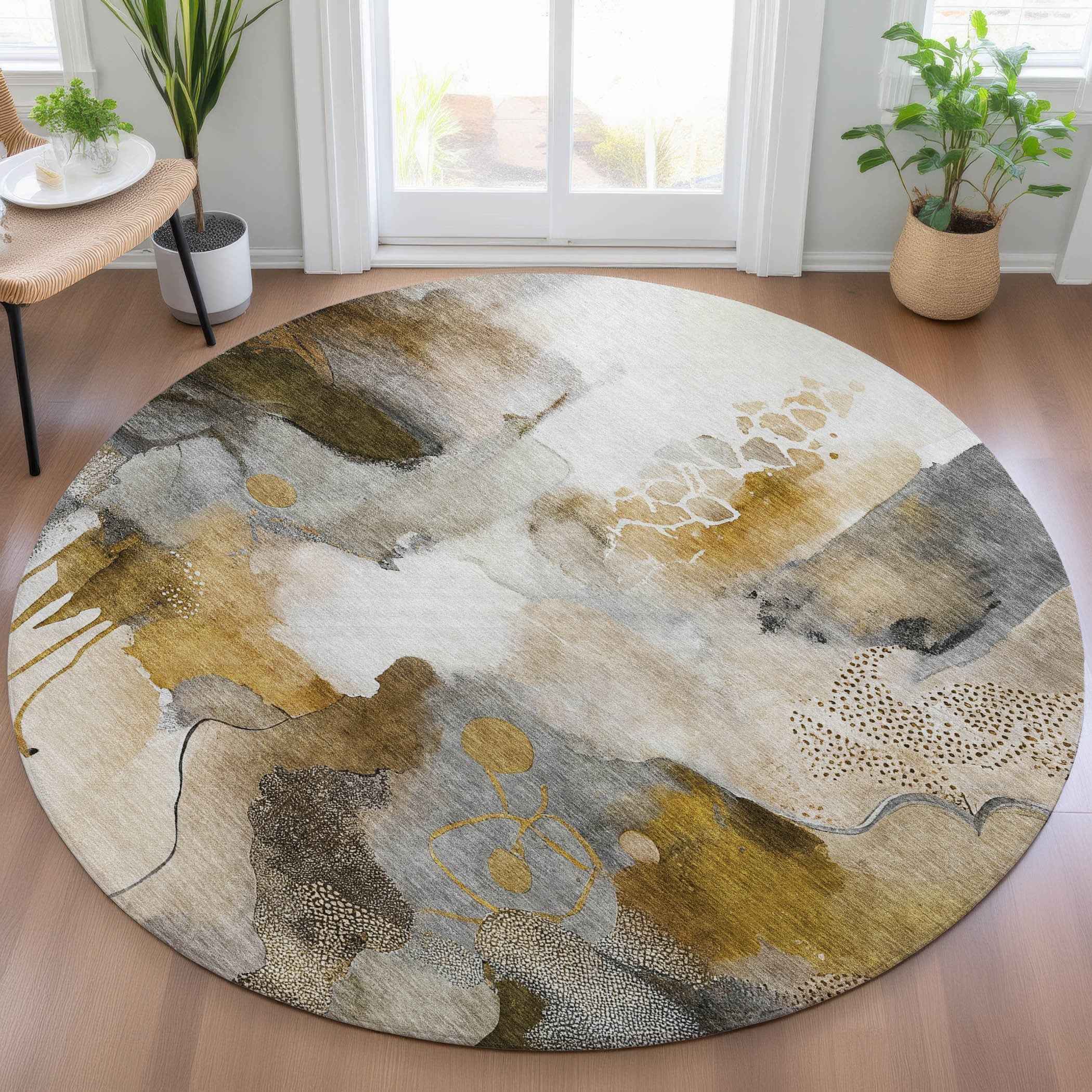 8' Brown Charcoal And Ivory Round Abstract Washable Indoor Outdoor Area Rug