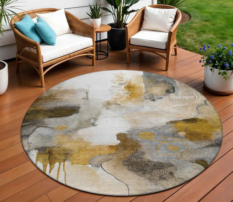 8' Brown Charcoal And Ivory Round Abstract Washable Indoor Outdoor Area Rug