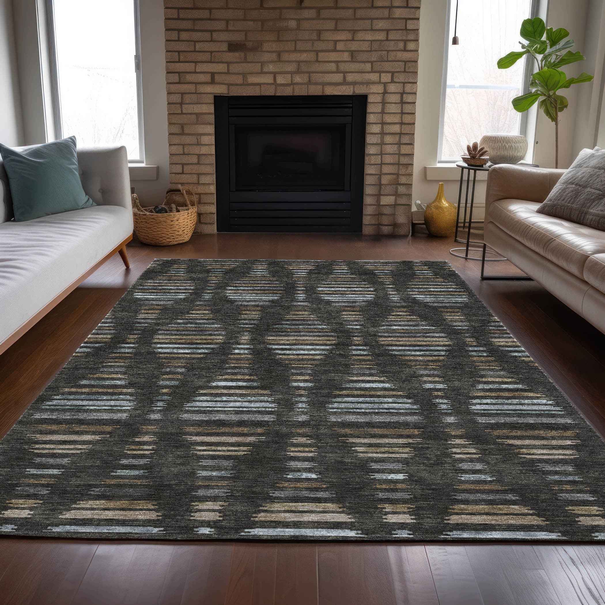 3' X 5' Coffee And Gray Striped Washable Indoor Outdoor Area Rug