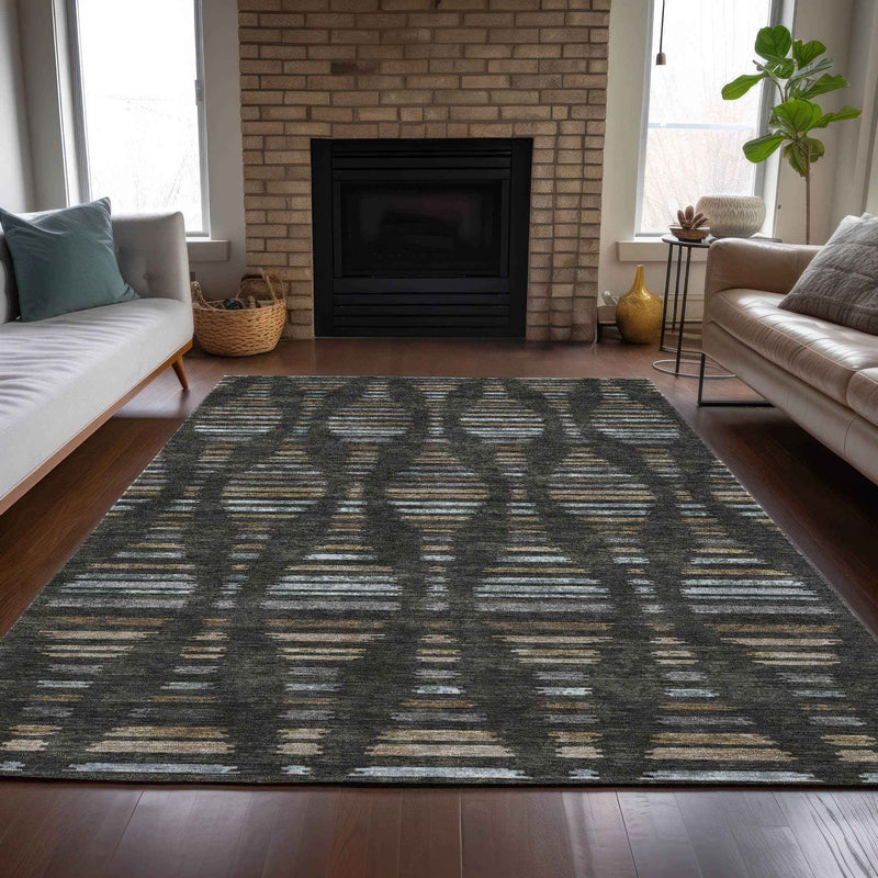 3' X 5' Coffee And Gray Striped Washable Indoor Outdoor Area Rug