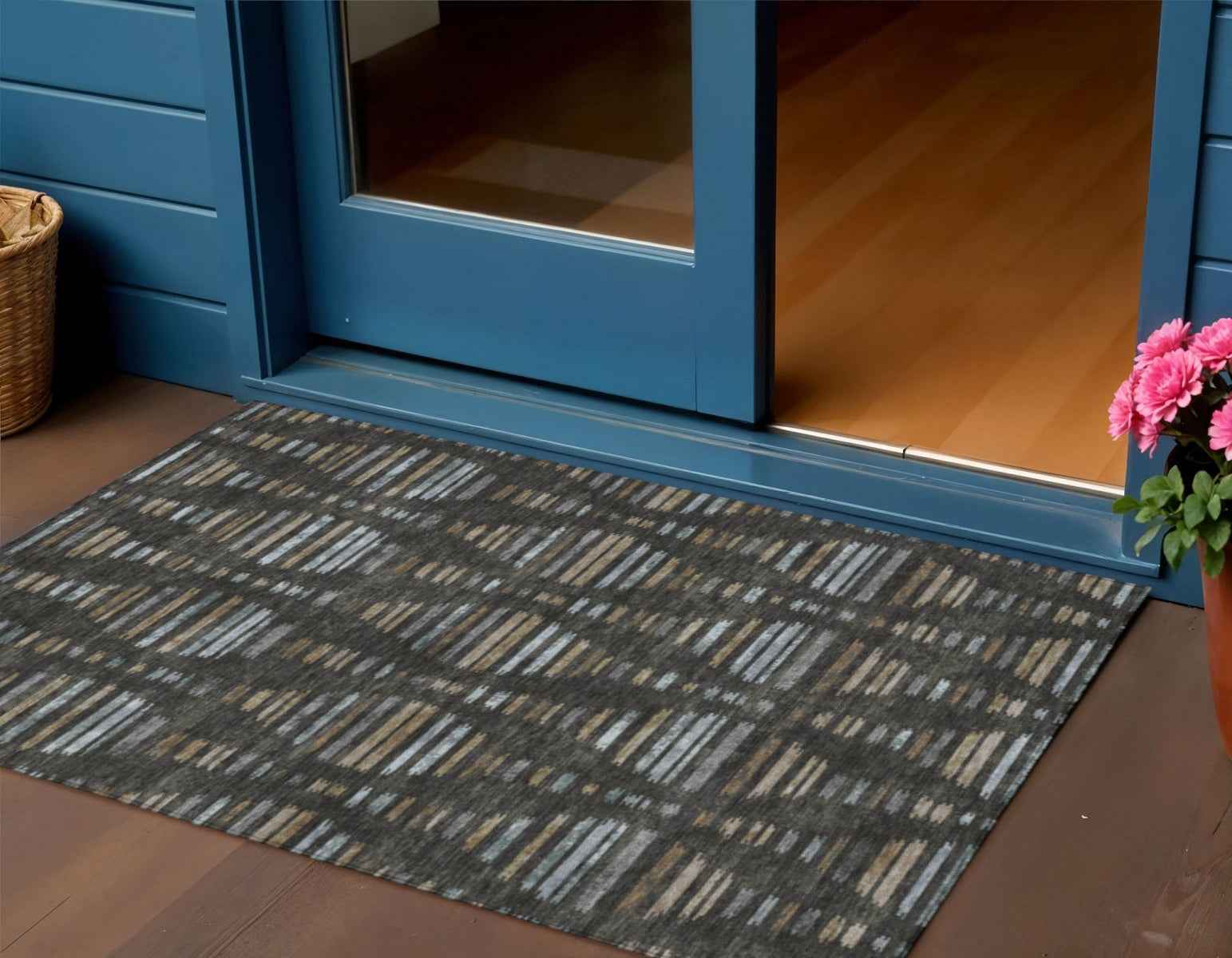 3' X 5' Coffee And Gray Striped Washable Indoor Outdoor Area Rug