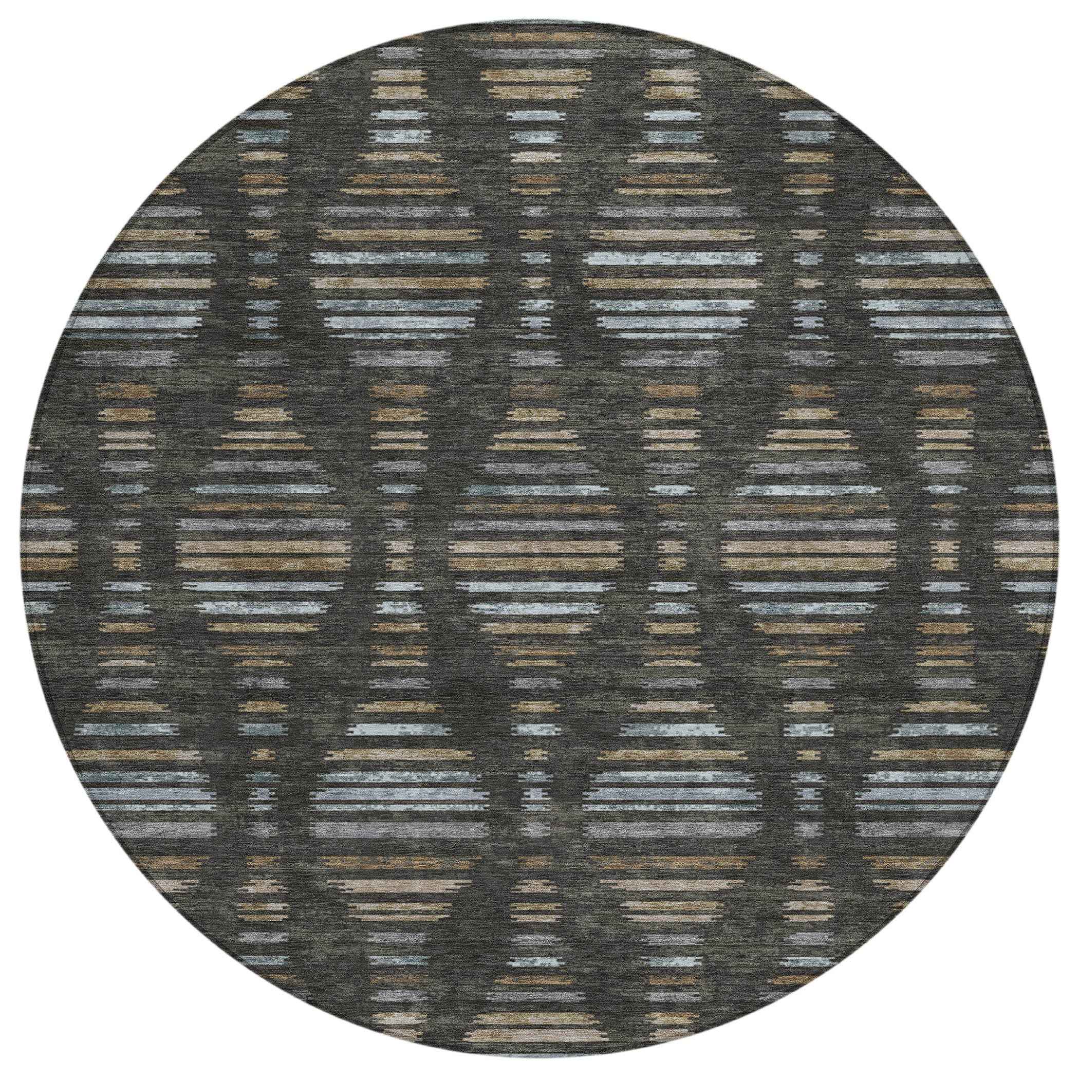 8' Coffee And Gray Round Striped Washable Indoor Outdoor Area Rug