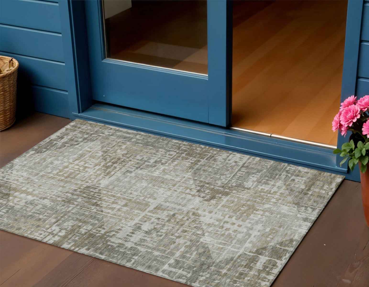 3' X 5' Pewter And Beige Geometric Washable Indoor Outdoor Area Rug