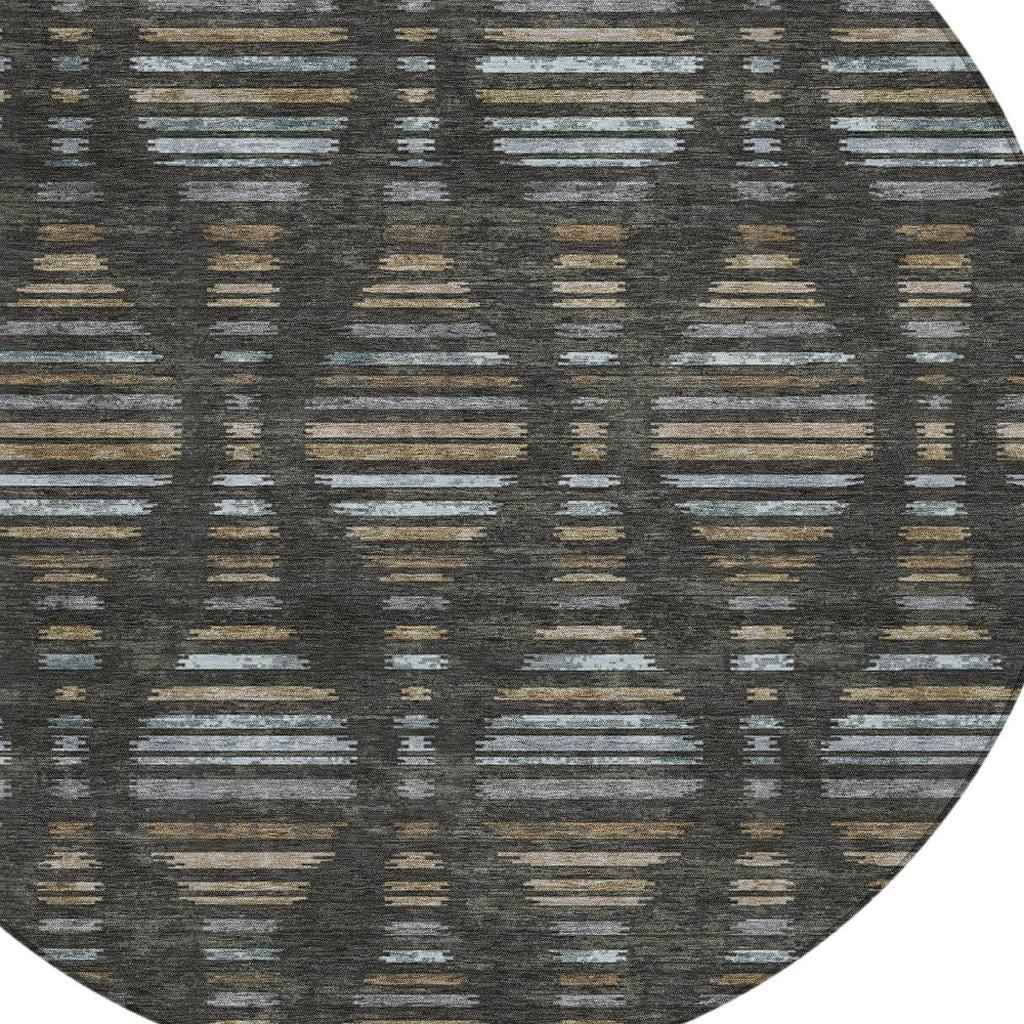 8' Coffee And Gray Round Striped Washable Indoor Outdoor Area Rug