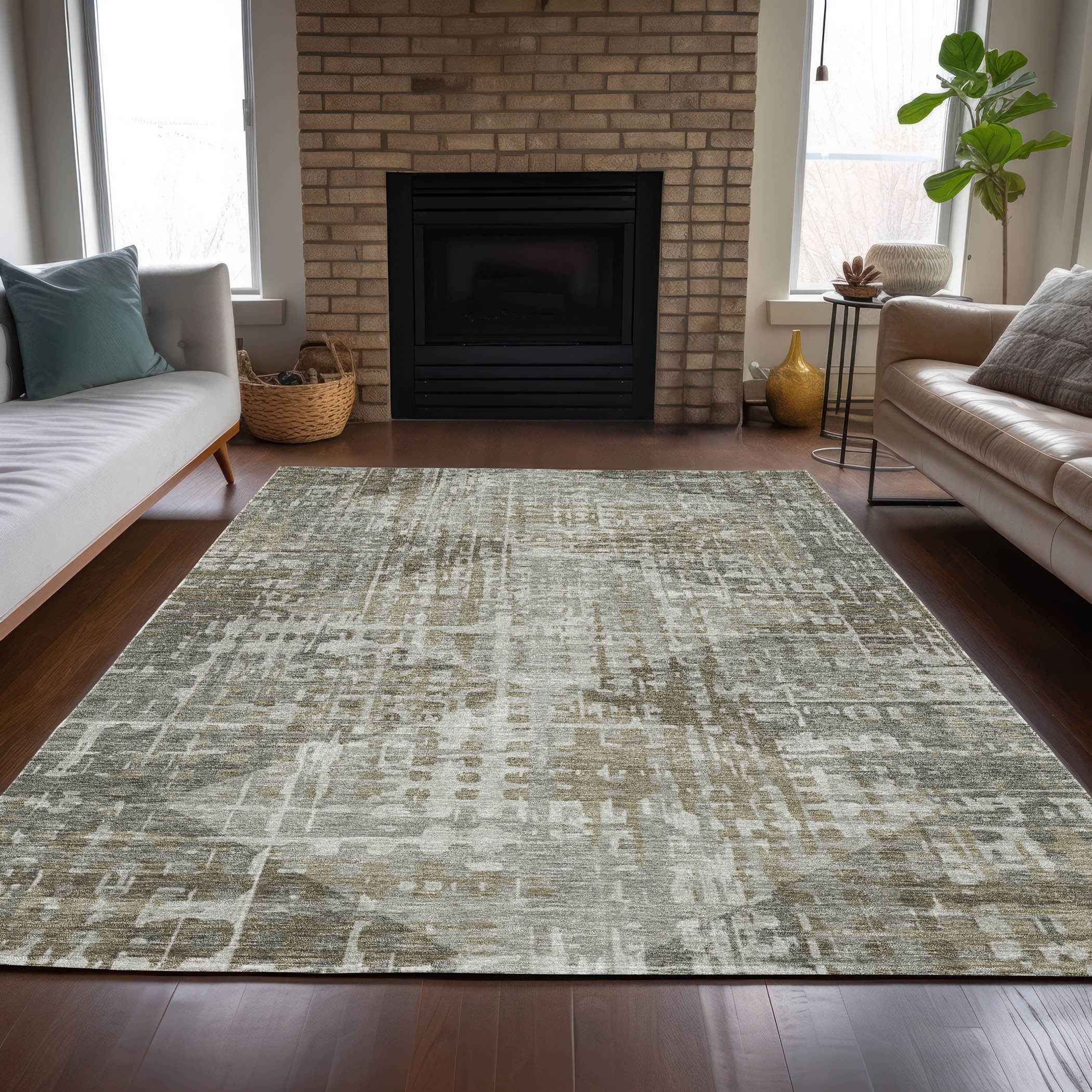 3' X 5' Pewter And Beige Geometric Washable Indoor Outdoor Area Rug