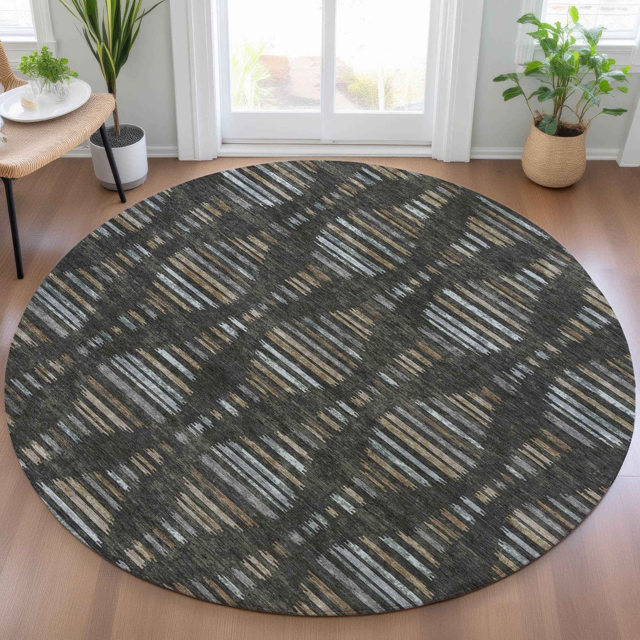 8' Coffee And Gray Round Striped Washable Indoor Outdoor Area Rug
