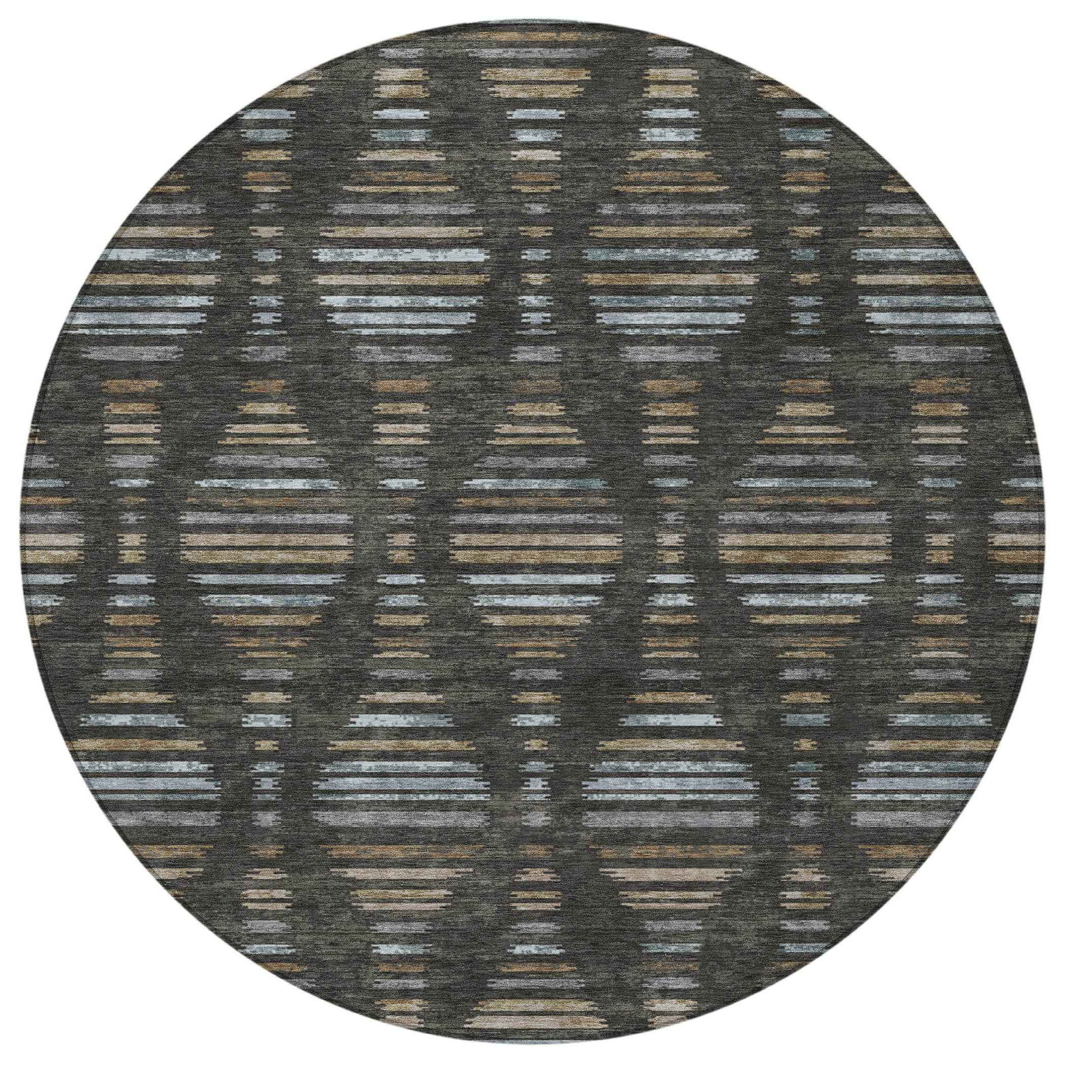 8' Coffee And Gray Round Striped Washable Indoor Outdoor Area Rug