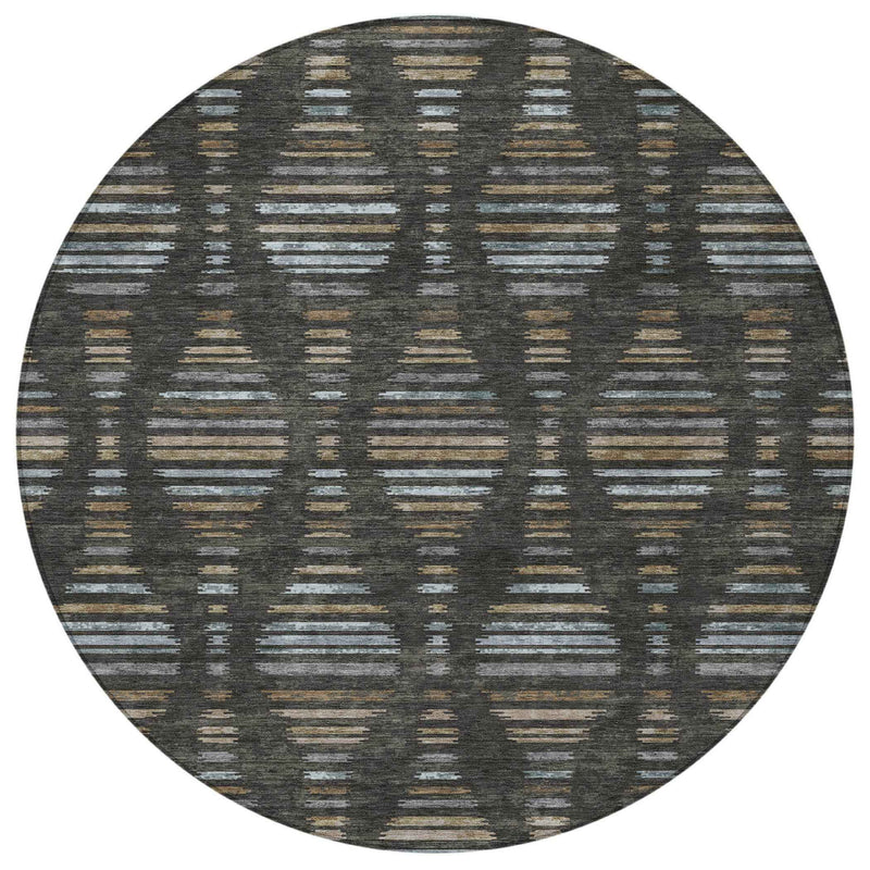 8' Coffee And Gray Round Striped Washable Indoor Outdoor Area Rug