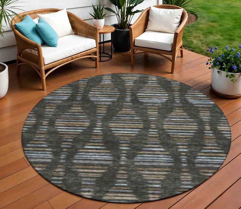 8' Coffee And Gray Round Striped Washable Indoor Outdoor Area Rug